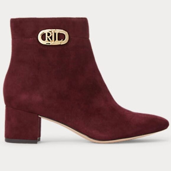 New in Box Ralph Lauren 9.5 Burgundy Wine Suede Block Heel Ankle Booties Boots - Picture 1 of 8